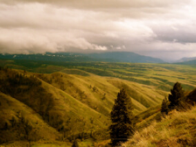 View from the top of a hill overlooking green rolling hills and conifer trees with grey clouds in the distance